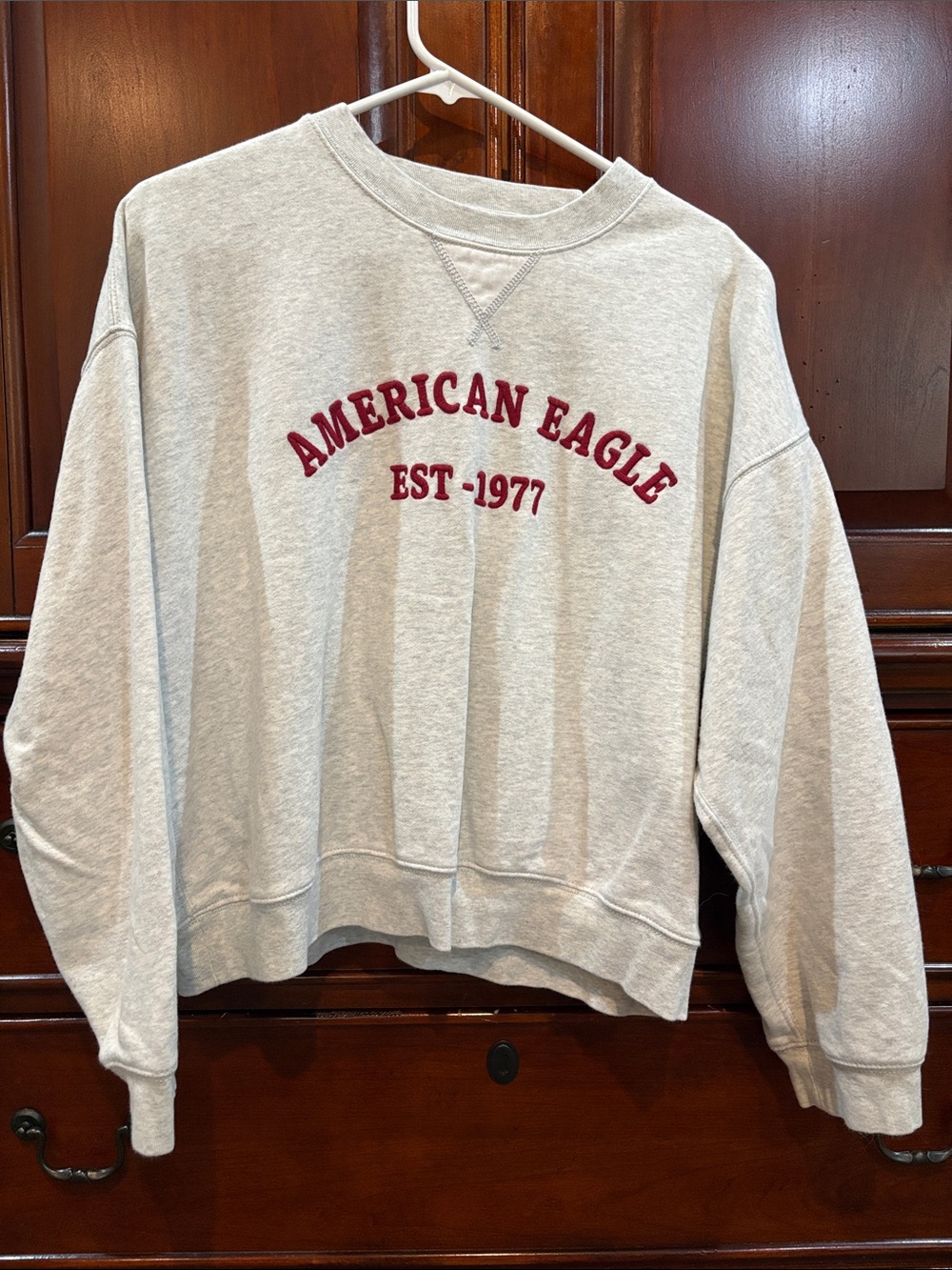 American Eagle Outfitters light cream crewneck with red logo